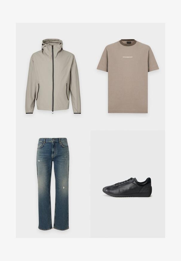 Veste de pluie beige légère avec une finition texturée, capuche ajustable, fermeture éclair avant et deux poches latérales avec des accents noirs.; T-shirt en coton marron avec manches courtes et col rond. Présente un col marron foncé contrastant et un logo "EMPORIO ARMANI" blanc.; Jeans en denim bleu moyen avec une coupe droite, présentant des décolorations légères et des patches usés. Design classique à cinq poches et fermeture par bouton supérieur.; Baskets noires en cuir avec un panneau en tissu texturé, forme arrondie, fermeture à lacets à l'avant, et une semelle en caoutchouc avec un motif en zigzag.