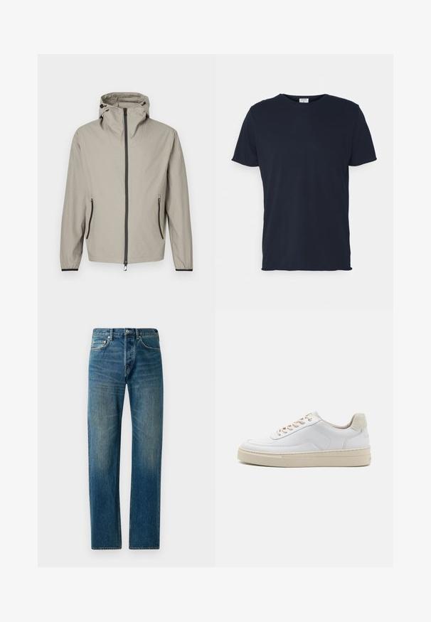 Lichtgewicht, beige regenjas met een gestructureerde afwerking, verstelbare capuchon, ritssluiting aan de voorkant en twee zijzakken met zwarte accenten.; Navyblauwe katoenen t-shirt met ronde hals en korte mouwen, met een gladde textuur en eenvoudig ontwerp, zonder zichtbare patronen of accenten.; Blauwe denim jeans met een recht gesneden ontwerp, voorzien van een vijf-pocketstijl, subtiele vervaging en contrasterende stikselaccenten.; Witte sneaker met een gevoerd leren bovenwerk, beige veters en een gestructureerde beige suede hieltab. Verhoogde zool voor extra hoogte.