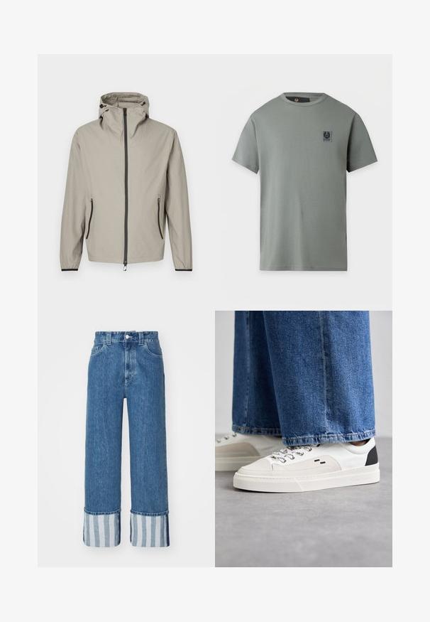 Leichte, beigefarbene Regenjacke mit strukturierter Oberfläche, verstellbarer Kapuze, Frontreißverschluss und zwei Seitentaschen mit schwarzen Akzenten.; Hellgraues T-Shirt mit kurzen Ärmeln und Rundhalsausschnitt mit einem kleinen schwarz-grauen rechteckigen Logo-Patch auf der linken Brust.; Weite Denim-Jeans in Mittelblau, mit einem Saum in Blau- und Weißstreifen. Klassisches Fünf-Taschen-Design mit Knopfverschluss.; Weiße und schwarze Sneaker mit einem Obermaterial aus glattem Leder, strukturierten Akzenten und einer massiven weißen Sohle. Verfügt über ein klassisches Schnürdesign.