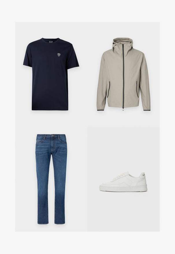 Kevyt, beige-sävyinen sadesuoja teksturoidulla pinnalla, säädettävällä hupulla, etuvetoketjulla ja kahdella sivutaskulla, joissa mustat yksityiskohdat.; Navy sininen puuvillapaita, jossa on pyöreä kaula-aukko, lyhyet hihat ja pieni EA7-logo rinnassa, sileä rakenne, rento muotoilu.; Siniset farkut suorilla lahkeilla, joissa on klassinen viiden taskun malli ja nappisuljenta. Hillitty haalistuma kangaspinnassa.; Valkoinen nahkakenkä, jossa on sileä pinta, pyöreä kärki, tasaiset nauhat ja teksturoitu pohja. Sisältää huomaamattoman logon kantapäässä.