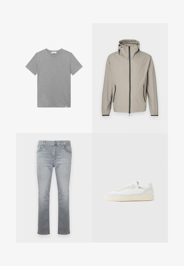 Veste de pluie beige légère avec une finition texturée, capuche ajustable, fermeture éclair avant et deux poches latérales avec des accents noirs.; T-shirt gris à manches courtes en tissu mélangé de coton. Il présente un col rond et un petit logo sur le côté avant gauche.; Jean en denim gris clair, coupe droite, conception à cinq poches, avec une texture subtilement délavée. Dispose d'une fermeture avant à boutons.; Baskets blanches avec dessus en daim et cuir texturé. Caractérisées par un bout arrondi, une fermeture à lacets et une semelle en caoutchouc beige contrastante.