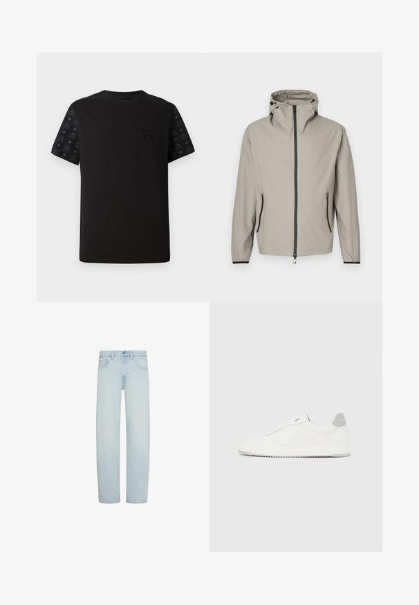 Let regnjakke i beige med tekstureret finish, justerbar hætte, frontlynlås og to sidelommer med sorte detaljer.; Sort t-shirt med korte ærmer, der har en ensfarvet front og mønstrede sorte detaljer på ærmerne. Materialet ser blødt og glat ud.; Lyseblå denimjeans med lige ben, foran knap- og lynlåslukning, bæltestropper og forlommer.; Hvid lavtop-sneaker med gråt hælflig, hvide snørebånd og tekstureret sål, vist på en ensfarvet lys baggrund.