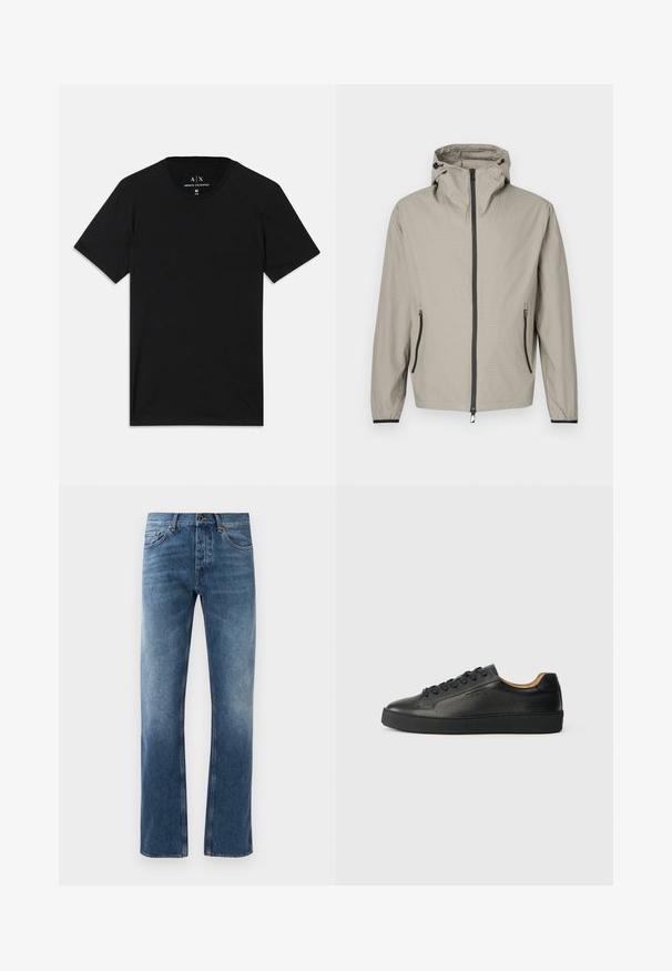 Let regnjakke i beige med tekstureret finish, justerbar hætte, frontlynlås og to sidelommer med sorte detaljer.; Sorte t-shirt lavet af bomuld, med korte ærmer, en rund halsudskæring og et mærke med brandlogoet på indersiden af kraven.; Blå denim jeans med lige ben design, falmede vask, fem lommer og kontrastsyning. Knap- og lynlås-lukning i taljen.; Sorte lavtop lædersneakers med tekstureret overflade, sorte snørebånd og tyk gummisål, vist fra siden på en lys baggrund.