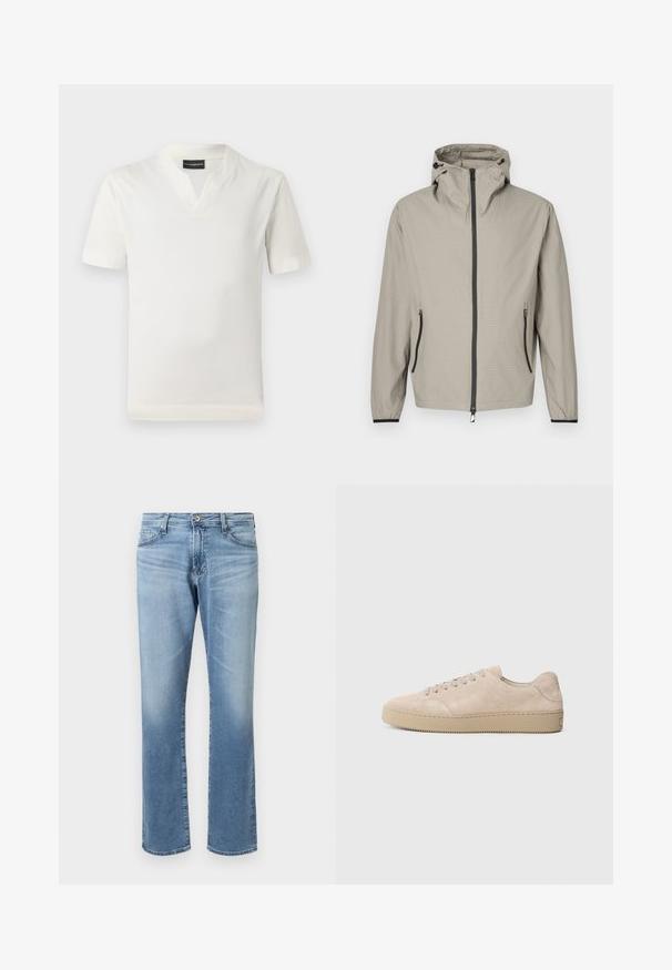 Lightweight, beige rain jacket with a textured finish, adjustable hood, front zipper, and two side pockets with black accents.; White short-sleeve t-shirt with a v-neck design and soft texture. Simple, straight cut with no patterns or additional accents.; Light blue denim jeans with a straight leg design. Features include a front button closure and five-pocket style with faint fading.; Beige suede sneaker with a rounded toe, flat laces, and a textured rubber sole. Minimalist design with smooth edges and subtle stitching.
