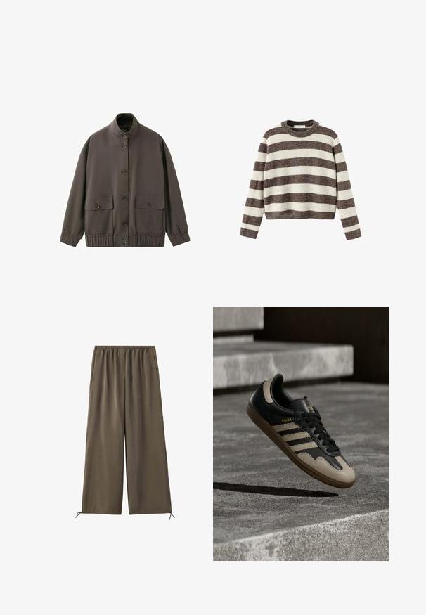 Veste marron à boutons avec col montant, poignets et ourlet élastiques, et deux grandes poches à rabat avec boutons à l'avant.; Pull-over rayé crème et marron foncé. Col rond côtelé, manches longues et ourlet court. Texture douce avec une coupe décontractée.; Pantalon vert olive ample avec taille élastique et cordons au bas, présenté à plat sur fond blanc.; Baskets en cuir noir et beige avec trois bandes blanches, semelle en caoutchouc beige et détail en or "Samba" sur le côté.