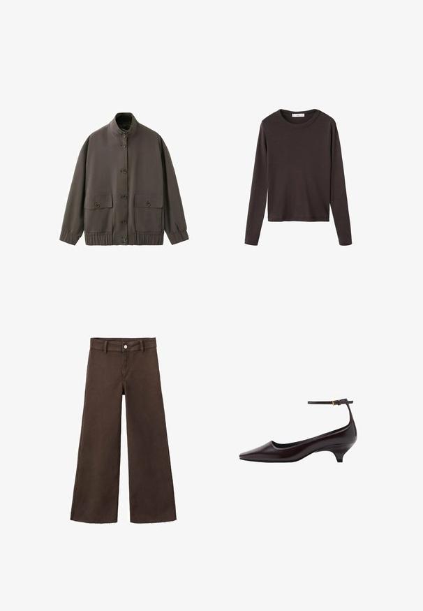 Braune Jacke zum Knöpfen mit hohem Kragen, elastischen Bündchen und Saum sowie zwei großen vorderen Pattentaschen mit Knöpfen.; Braunes Langarm-T-Shirt mit Rundhalsausschnitt und einem glatten, dehnbaren Baumwollstoff; zeichnet sich durch einen lässigen Schnitt und ein schlichtes Design aus.; Braune Jeans mit weitem Bein aus robustem Denim, mit hoher Taille, vorn mit Knopfverschluss und ausgefranstem Saum an den Hosenbeinen.; Dunkelbraunes, spitz zulaufendes Lederschuh mit Kitten-Heel, dünnem Knöchelriemen und kleiner goldener Schnalle.
