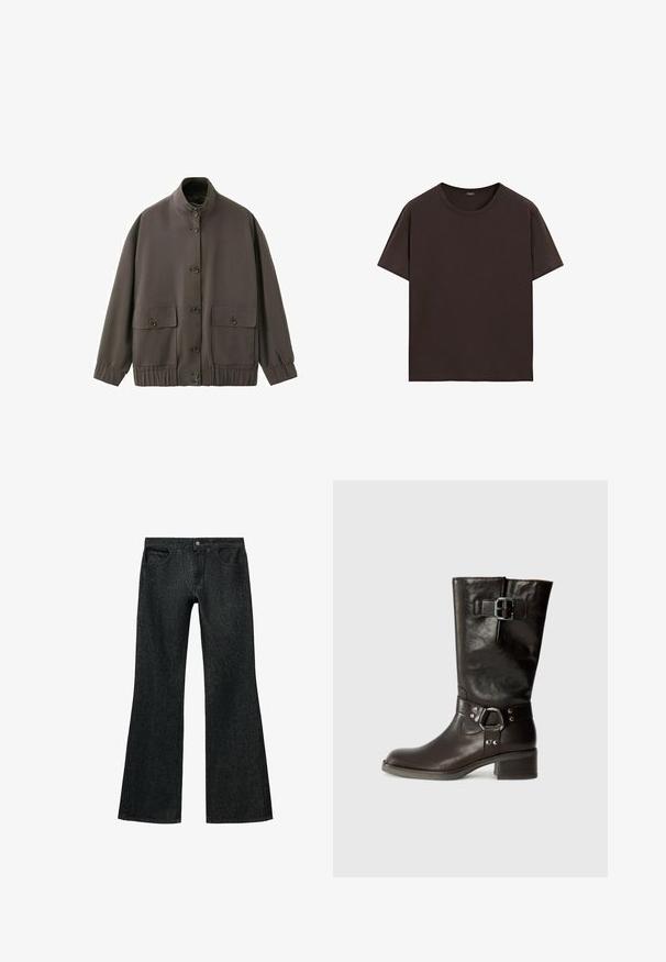 Brun jakke med knapper, høj krave, elastiske ærmekanter og kant forneden samt to store frontlommer med klapper og knapper.; Ensfarvet mørkebrun t-shirt med korte ærmer og rund hals, uden synlige mønstre eller logoer, vist fladt på hvid baggrund.; Sorte flare jeans lavet af denim, med lukning foran og fire lommer. Stoffet har en glat tekstur med diskret syninger.; Brune læder knæhøje støvler med rund tå, en sidebuckle detalje og en chunky hæl. Glat tekstur med metalliske accenter på remmen.