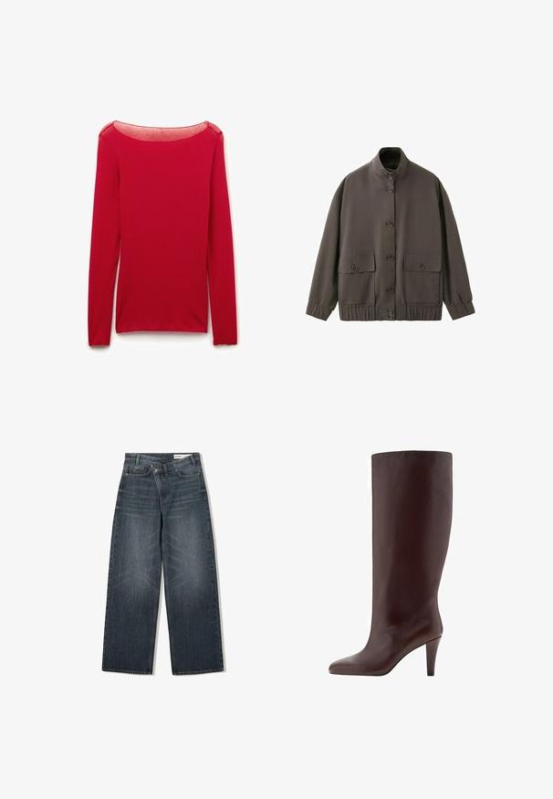 Veste marron à boutons avec col montant, poignets et ourlet élastiques, et deux grandes poches à rabat avec boutons à l'avant.; Haut rouge à manches longues ajusté avec un décolleté arrondi transparent, présenté à plat sur un fond blanc.; Jean en denim foncé avec une coupe large, doté d'une taille haute, de cinq poches et d'un léger délavage sur le devant.; Botte en cuir marron, haute jusqu'au genou, avec un embout pointu et un talon aiguille. Texture lisse et design sans couture.