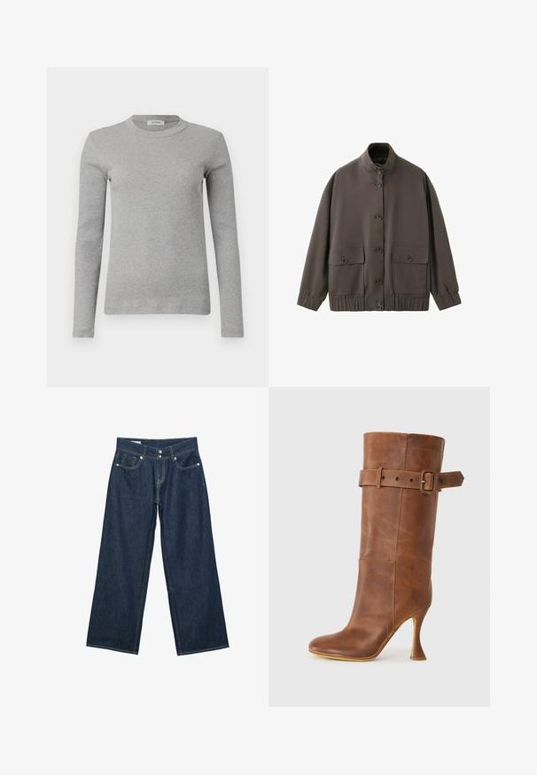 Brun jakke med knapper, høj krave, elastiske ærmekanter og kant forneden samt to store frontlommer med klapper og knapper.; Grå langærmet sweater lavet af ribbede stoffer, med en rund halsudskæring og en tætsiddende silhuet. Simpelt design, ingen synlige mønstre eller accenter.; Mørkeblå vidde jeans i denim med dobbelt knaplukning, forlommer og kontrastsyning på hvid baggrund.; Brune læder højhælede støvler med et tætsiddende design, en bred krave og en bælteaccent omkring anklen. Glat tekstur og spidse tå.