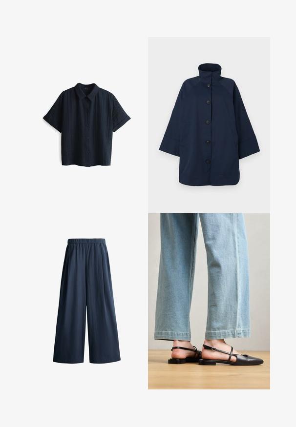 Marineblaue wasserdichte Jacke mit hohem Kragen, durchgehender Knopfleiste vorne, zwei seitlichen Taschen und kurzen, breiten Ärmeln. Glatte, matte Textur.; Kurzärmliges Hemd mit Knöpfen in dunkelblau, gefertigt aus einem strukturierten Stoff mit einem dezenten Muster und Kragen sowie blauen Knöpfen in der Mitte.; Marineblaue Hose mit weitem Bein, elastischem Bund und Seitentaschen, aus leichtem Stoff.; Schwarze Lederslingback-Schuhe mit spitzer Zehe, flachem Absatz und Knöchelriemen; getragen mit hellblauen, weit geschnittenen Jeans.