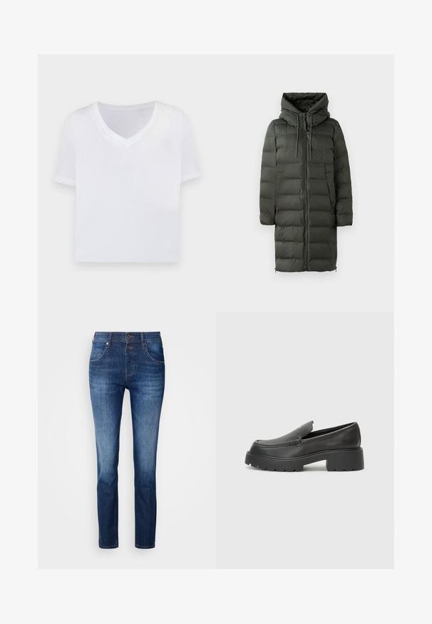 Polstret lang jakke i mørkegrøn med hætte, frontlynlås og snoretræk. Glat tekstur med horisontal quiltet mønster.; Hvid cropped t-shirt med v-hals, korte ærmer og et glat, let materiale. Ingen mønstre eller synlig hardware. Simpelt design.; Mørkeblå denimjeans med lige pasform, featuring lynlås, to forlommer og subtile falmede områder. Blød tekstur med minimal slid.; Sorte læder loafers med rund tå, tyk tekstureret sål og minimale syninger. Elegant design uden synlige snørebånd eller hardware.