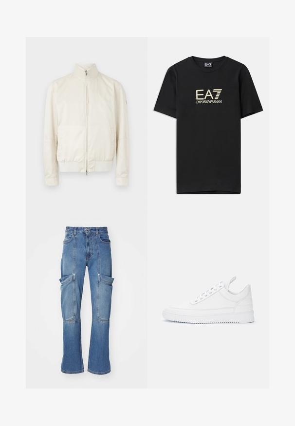 Lichtromige bomberjack met hoge kraag, ritssluiting, twee zijzakken en een subtiel textuurpatroon. Ribgebreide manchetten en zoom.; Zwarte katoenen t-shirt met een gouden EA7 Emporio Armani-logo over de borst. Korte mouwen en een ronde hals.; Lichte blauwe denim cargobroek met een hoge taille, meerdere zijzakken en wijde pijpen, met contrasterende stiksels en een ritssluiting.; Witte lage sneaker met vetersluiting, doorgestikte details, trekfolie bij de hiel en een geribbelde zool op een effen lichte achtergrond.