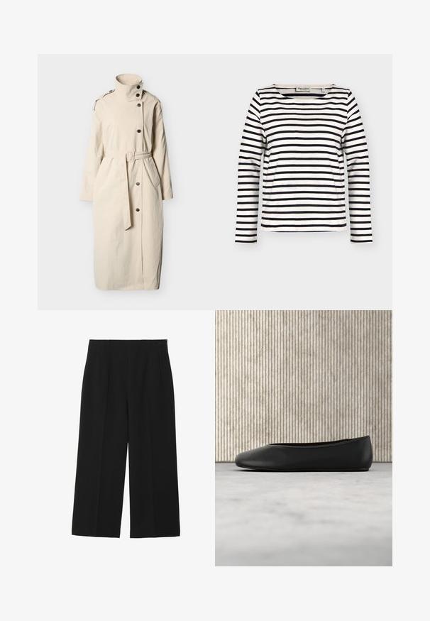 Abrigo largo beige tipo gabardina con cuello alto, cierre de botones, cintura con cinturón, trabillas en los hombros y bolsillos frontales.; Camisa blanca de manga larga con rayas horizontales negras y cuello redondo, talla grande, etiqueta de marca en el interior del cuello.; Pantalones de pierna ancha negros, hechos de tela suave, con dos bolsillos frontales, parte delantera plana y cierre de cremallera en el lateral.; Bailarinas de cuero negro con punta redondeada, textura suave y un acento de logo dorado en el costado. Posicionadas sobre una superficie reflectante.