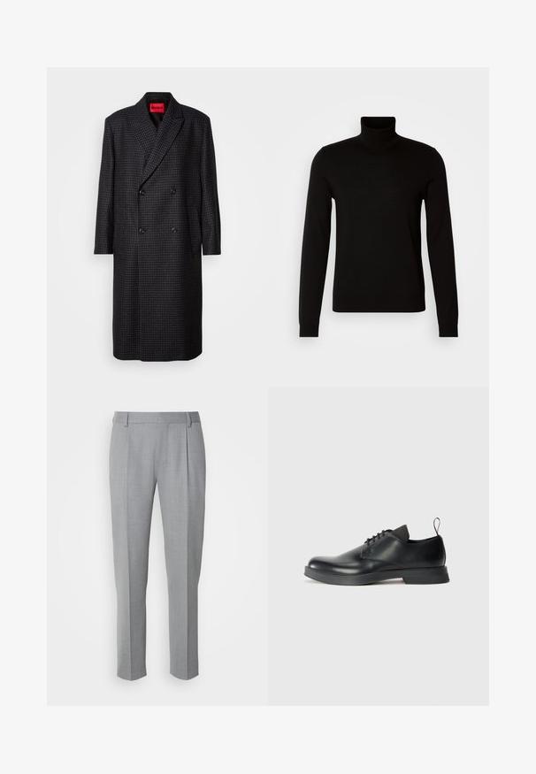 Manteau croisé en pied-de-poule gris foncé avec des boutons noirs et des revers crantés, suspendu sur un fond blanc.; Pull col roulé noir en tissu tricoté fin, doté de manches longues et d'une silhouette ajustée. Texture lisse avec des poignets côtelés.; Pantalons gris sur mesure avec une texture lisse, présentant un devant plat, des jambes droites et de légères pinces pour plus de détail.; Chaussure noire en cuir à lacets avec une finition lisse, un bout rond et un design minimaliste. Comprend un tirant contrastant subtil et une semelle en caoutchouc.