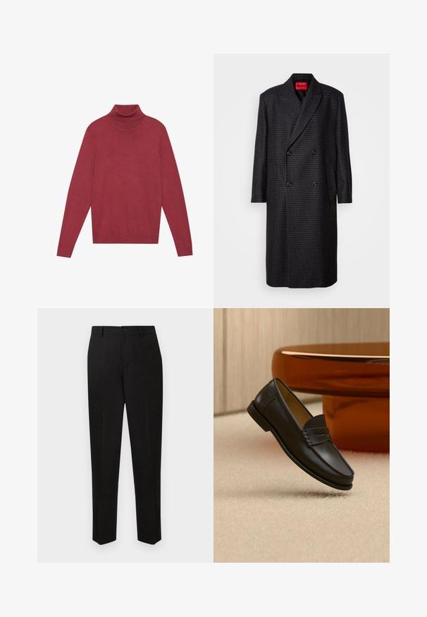 Manteau croisé en pied-de-poule gris foncé avec des boutons noirs et des revers crantés, suspendu sur un fond blanc.; Pull à col roulé rouge en maille douce. Dispose de longues manches et d'une coupe ajustée. Texture lisse sans motifs ni accessoires visibles.; Pantalon noir sur mesure à coupe droite, doté d'une fermeture à bouton et d'une texture subtile. Pas de motifs ni d'accents visibles.; Chaussure mocassin en cuir noir suspendue au-dessus d’un tapis beige avec du mobilier moderne couleur ambre en arrière-plan.