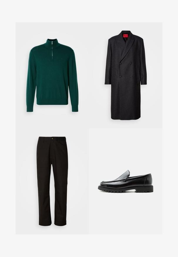 Mørkegrå hundetand dobbeltbrystet frakke med sorte knapper og slå-om krave, hængende mod en hvid baggrund.; Mørkegrøn zip-up sweater med høj krave, lange ærmer og ribbede manchetter. Fremstillet af et glat, let strikket stof. Subtilt logo detalje.; Sorte bomuldsbukser med lige pasform, bæltestropper, lynlås foran og en enkelt knappelukning. Glat tekstur uden synlige mønstre.; Sort læderloafer med chunky gummisål, syet overdel og præget mærkenavn på hælen, vist i sideprofil på hvid baggrund.