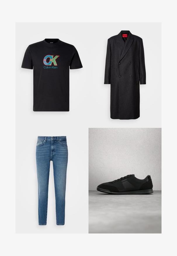 Tumma harmaa hounstooth kaksoisnapitettu päällystakki mustilla napituksilla ja viistettyillä läpillä, roikkumassa valkoista taustaa vasten.; Mustat puuvillapaita, jossa on monivärinen "OK"-logo ja "Calvin Klein" -teksti, pyöreä kaula-aukko ja lyhyet hihat.; Vaaleansiniset farkut suoran leikkauksen omaavat, perinteinen viiden taskun muotoilu, metallinappikiinnitys ja hienovarainen kulutuslaitteesta etupuolella.; Musta matalakärkinen lenkkaritossu, jossa on nauhat, teksturoidut paneelit ja kumipohja, esitetty kellumassa kiillotetun betonilattian yläpuolella lasiblokkien lähellä.