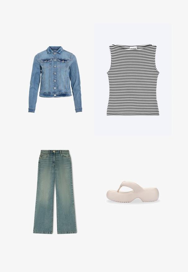 Chaqueta de denim azul claro con un diseño clásico, que cuenta con cierre de botones, dos bolsillos en el pecho y un ligero deterioro en el dobladillo.; Top sin mangas con rayas horizontales en blanco y negro, escote de barco y etiqueta "WEEKDAY" en el cuello trasero.; Vaqueros de mezclilla azules de cintura alta y pernera ancha, con bolsillos delanteros, trabillas para el cinturón y cierre de botón y cremallera.; Melissa FREE FUZZY - Sandalias de dedo - beige