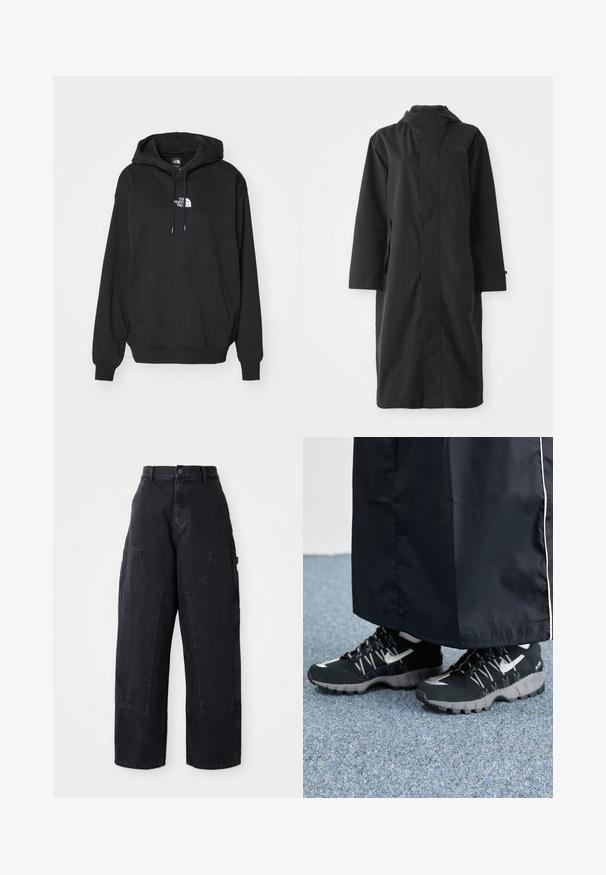 Schwarzer Regenmantel aus wasserabweisendem Material, mit hohem Kragen, langen Ärmeln, minimalistischen Design und seitlichen Taschen.; Schwarzer Kapuzenpullover mit Kängurutasche, ausgestattet mit einem weißen Logo auf der Brust, aus weichem Stoff, entworfen für Freizeitkleidung.; Schwarze Denim Cargo-Hosen mit weitem Bein und hoher Taille, zwei großen Vordertaschen und einem Knopfverschluss an der Taille. Glatte Textur, lässiges Design.; Schwarze Sportschuhe mit einer strukturierten Oberseite, silbernen Akzenten und einer gemusterten Außensohle, kombiniert mit einem schwarzen langen Kleidungsstück. Auf einem blauen Teppich drapiert.
