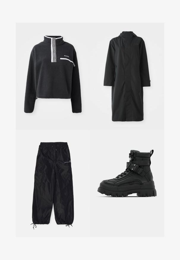 Sort regnjakke lavet af vandafvisende materiale, med højt krave, lange ærmer, minimalistisk design og sidelommer.; Sort fleece pullover med halv lynlås krave, der har en brystlomme og kontrasterende hvide og grå detaljer. Blød tekstur, cropped design.; Sorte cargobukser lavet af blank nylon med elastisk talje, justerbar snor, sidelommer og elastiske manchetter.; Sorte ankelstøvler med en tekstureret overdel, kraftig sål, snørelukning og justerbar rem med logo-detalje. Gummisal med udtalt dækmønster.