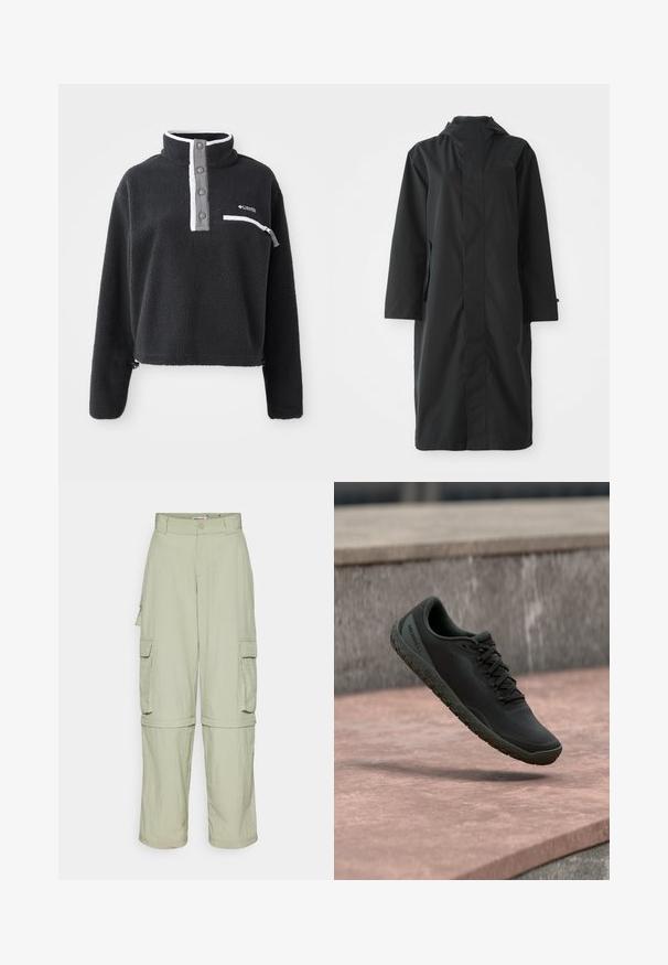 Sort regnjakke lavet af vandafvisende materiale, med højt krave, lange ærmer, minimalistisk design og sidelommer.; Sort fleece pullover med halv lynlås krave, der har en brystlomme og kontrasterende hvide og grå detaljer. Blød tekstur, cropped design.; Lyse beige cargo bukser med bæltestropper, sidelommer med klap og lynlåsben, der kan tages af og omdannes til shorts.; Sort Merrell sportssko med tekstureret sål og snørebånd, svævende over en rosaagtig stenovertflade med betontrin i baggrunden.