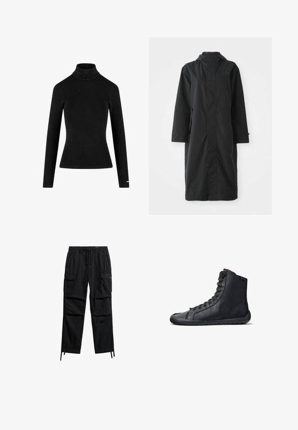 Sort regnjakke lavet af vandafvisende materiale, med højt krave, lange ærmer, minimalistisk design og sidelommer.; Sort ribbet langærmet turtleneck med en lynlås i kraven og tætsiddende silhuet, lavet af et blødt, strækbart stof. Minimalistisk design.; Sorte cargobukser lavet af letvægtsstof, med flere sidelommer, justerbar snøre i taljen og tilspidsede manchetter.; Sort højtop læder sneaker med sorte snørebånd, flad sål og mærketag ved anklen, vist fra siden på hvid baggrund.