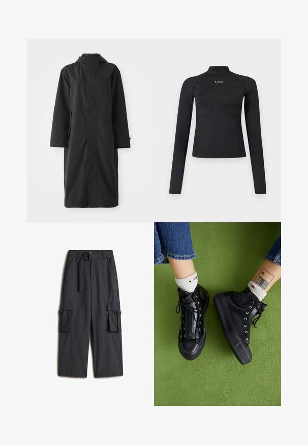 Zwarte regenjas gemaakt van waterafstotend materiaal, met een hoge kraag, lange mouwen, een minimalistisch ontwerp en zijzakken.; Zwarte aangesloten longsleeve top met een opstaande kraag en het witte "LeGer" logo gecentreerd op de borst tegen een witte achtergrond.; Donkergrijze cargobroek van lichtgewicht stof, voorzien van een riem met een ronde gesp, twee zijzakken en twee cargozakken.; Zwarte hoge sneakers van glanzend materiaal met metalen oogjes, platte veters en gestructureerde zolen. Draagt met witte patroon sokken.