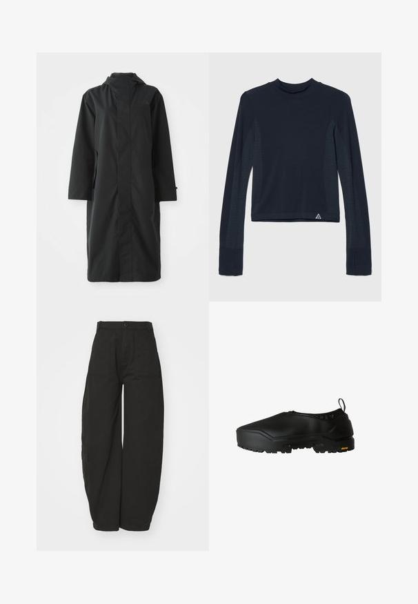 Sort regnjakke lavet af vandafvisende materiale, med højt krave, lange ærmer, minimalistisk design og sidelommer.; Langærmet navy top i ribbestrik med prikkede detaljer langs ærmerne og en høj halsudskæring. Varemærkets logo i nederste venstre hjørne.; Bredde ben sorte bukser lavet af bomuld, med høj talje, knaplukning foran og sidelommer for funktionalitet.; The North Face BASE CAMP WP MULE - Loafers - tnf black tnf black