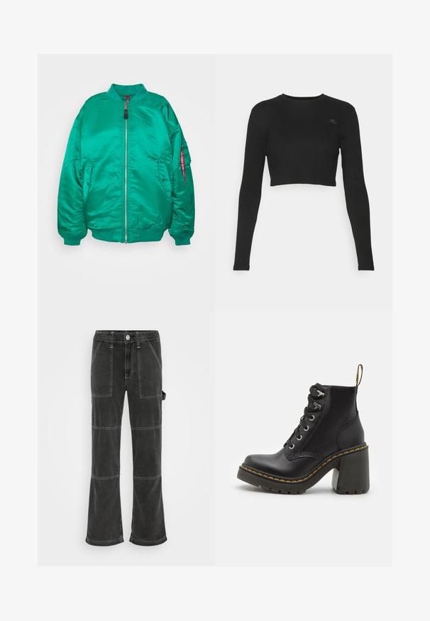 Grüne Bomberjacke aus glänzendem, glattem Material. Mit Reißverschluss vorne, gerippten Bündchen und Seitentaschen. Verfügt über ein rotes Etikett am Arm.; Schwarzes, kurz geschnittenes Langarmtop aus geripptem Material, mit rundem Halsausschnitt und einem kleinen Markenpatch auf der Brust.; BDG Urban Outfitters UTILITY SKATE - Jeans Relaxed Fit - washed black; Schwarze Lederstiefelette mit einem klobigen hohen Absatz, Schnürung vorne, metallischen Ösen und gelben Nähten entlang der Sohle. Strukturierten Gummiaußensohle.