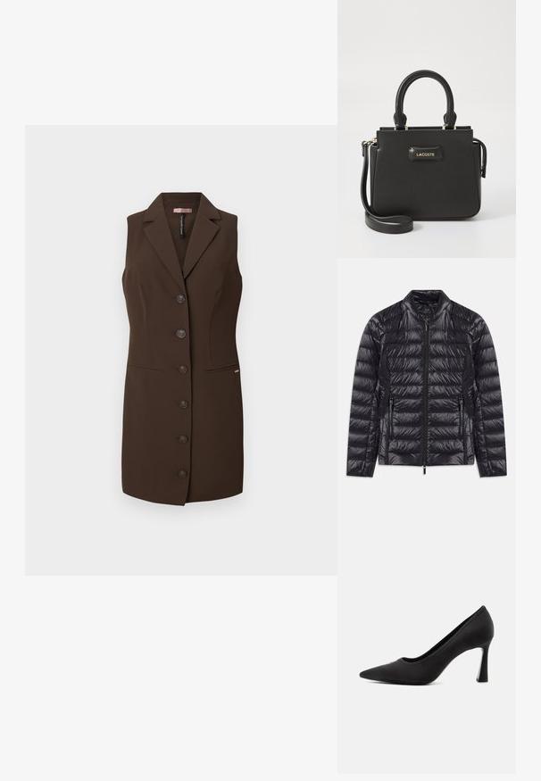 Schwarze glänzende steppierte Pumpjacke mit hohem Kragen, Frontreißverschluss und zwei seitlichen Reißverschlusstaschen, flach auf einem weißen Hintergrund ausgelegt.; Brauner ärmelloser Weste mit tailliertem Schnitt, Reverskragen und sechs Knopfverschlüssen. Verfügt über zwei Fronttaschen und eine glatte Textur.; Schwarzer High Heel mit spitzer Kappe, glatter Oberfläche und schlankem, geschwungenem Absatz vor einem schlichten hellen Hintergrund.; Schwarze Lacoste-Handtasche mit strukturiertem Design, glatter Textur, Griffen oben und einem abnehmbaren Schultergurt. Mit einem goldenen Logo-Akzent.