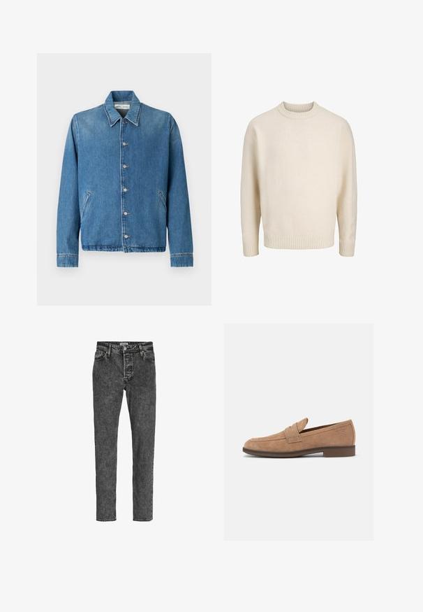 Lyseblå denimjakke med spids krave, knaplukning, sidelommer og lange ærmer med rene, kantede kanter.; Kremfarvet crewneck sweater med ribbet krave, manchetter og kant, vist på en ensfarvet hvid baggrund.; Jack & Jones Relaxed Fit JJICHRIS JJORIGINAL SQ 734 - Jeans Tapered Fit - black denim; Lysbrun herreloafer i ruskind med lav hæl, rund tå og en remdetalje tværs over overdelen.