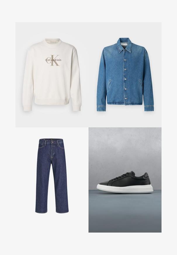 Spijkerjack in lichtblauw, met een puntige kraag, knoopsluitingen, zijzakken en lange mouwen met nette, omgezoomde randen.; Witte crewneck sweatshirt van zachte stof, met een groot beige Calvin Klein-logo op de voorkant, voorzien van geribde manchetten en onderrand.; Donkerblauwe spijkerbroek met een rechte snit, vijf zakken, een metalen knoopsluiting en contrasterende stiksels, met een subtiele textuur.; Zwarte leren sneaker met een gladde afwerking, witte rubberen zool, ronde vorm, zes openingen voor veters en subtiele branding op de hiel.