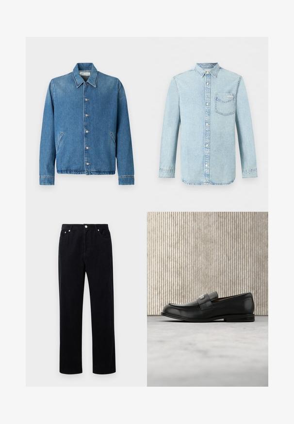 Chaqueta vaquera en azul claro, con cuello puntiagudo, cierre de botones, bolsillos laterales y mangas largas con bordes acabados limpiamente.; Camisa de mezclilla azul claro de manga larga con apertura de botones en la parte delantera, un bolsillo en el pecho con el logo de Calvin Klein y cuello puntiagudo.; Pantalones de pana negra con diseño de pierna recta, que cuentan con un cierre de botón y cremallera, cinco bolsillos y un tejido suave y texturizado.; Mocasín de cuero negro con una placa metálica de marca apoyado cerca de una mesa redonda marrón sobre un suelo alfombrado beige.