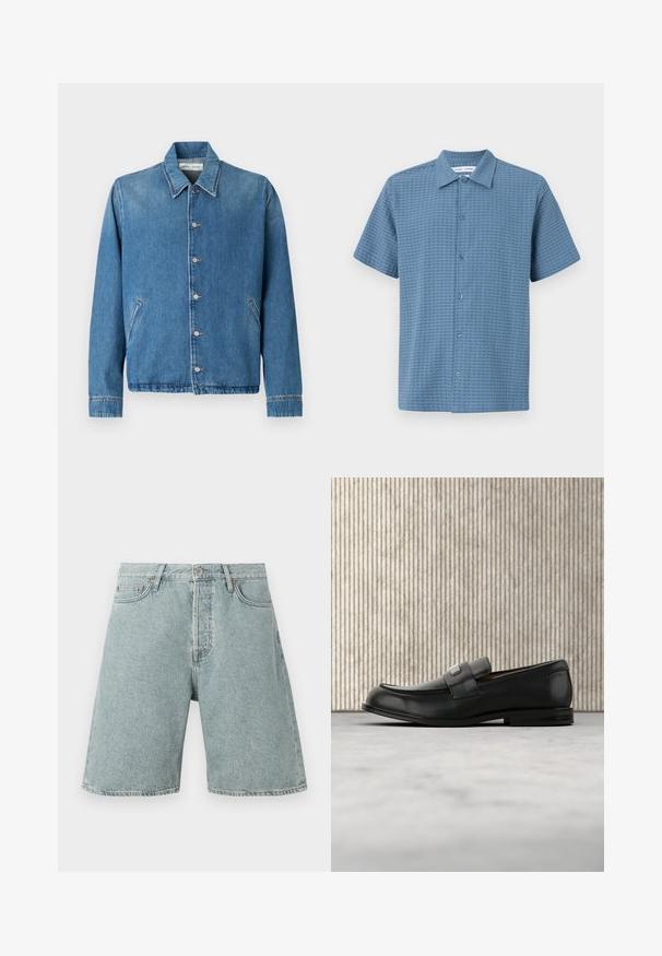 Jeansjacke in Hellblau mit spitzem Kragen, Knopfverschluss, Seitentaschen und langen Ärmeln mit sauberen, gesäumten Kanten.; Kurzärmliges Hemd mit Knopfleiste in Hellblau, aus strukturiertem Stoff, mit einem Karomuster und einem klassischen Kragen. Sechs Knopfverschlüsse an der Vorderseite.; Hellblaue Jeans-Shorts mit lässiger Passform, fünf Taschen und Knopfverschluss. Abgeriebene Textur mit sichtbaren Nähten.; Schwarzer Lederloafer mit einer Metallmarkenplatte, der nahe einem braunen runden Tisch auf beigem Teppichboden ruht.