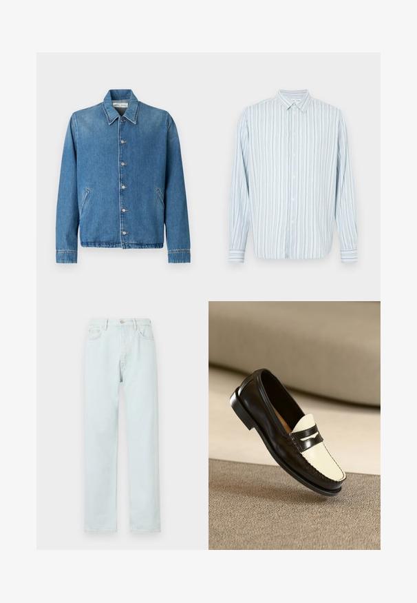 Lyseblå denimjakke med spids krave, knaplukning, sidelommer og lange ærmer med rene, kantede kanter.; Lyseblå langærmet skjorte med knapper, med smalle lodrette sorte og hvide striber og en spids krave, vist på en hvid baggrund.; Lyseblå lige bukser lavet af denim, med knaplukning, diskret slid, og fem-lomme design.; Sort læderloafer med en cremefarvet vamp og sorte accentstriber, som har en lav hæl og detaljeret syning langs kanterne.