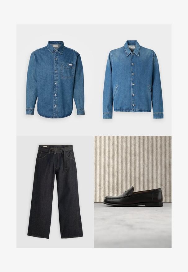 Jeansjacke in Hellblau mit spitzem Kragen, Knopfverschluss, Seitentaschen und langen Ärmeln mit sauberen, gesäumten Kanten.; Blaues Denim-Hemd mit langen Ärmeln, Button-Down-Kragen, Brusttasche und kontrastierenden Nähten. Der Stoff hat eine glatte Textur und einen lässigen Stil.; Dunkelblaue Denim-Hosen mit weitem Bein und einem taillierten Gürtel, ausgestattet mit Vordertaschen und kontrastierender Naht. Glatte Textur mit einem schlichten Design.; Schwarzer Pennyloafer aus Leder mit niedrigem Absatz, abgerundeter Spitze und genähten Details vorne und an den Seiten, gezeigt vor neutralem Hintergrund.