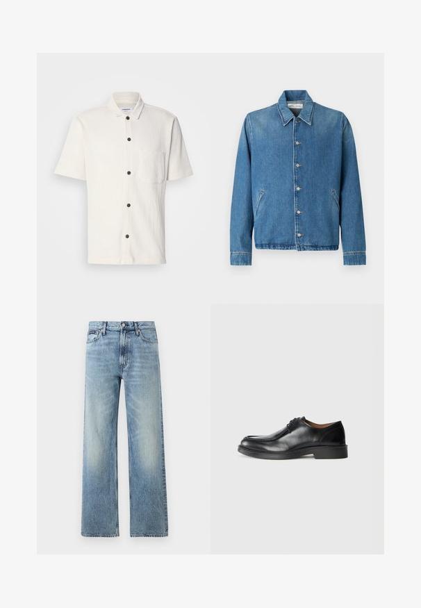 Jeansjacke in Hellblau mit spitzem Kragen, Knopfverschluss, Seitentaschen und langen Ärmeln mit sauberen, gesäumten Kanten.; Weißes Kurzarmhemd mit strukturiertem Design, dunkle braune Knöpfe an der Vorderseite und einer einzelnen Brusttasche.; Hellblaue Jeans mit geradem Bein, hohem Bund, fünf Taschen, Knopfverschluss und dezentem Verblassen an Oberschenkeln und Knien.; Schwarze Leder-Dressschuhe mit abgerundetem Zehenbereich, glatter Oberfläche, Schnürdetails und einer niedrigen, strukturierten Gummisohle. Saubere Linien und minimalistisches Design.