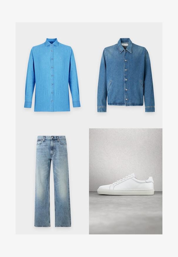 Veste en jean bleu clair, avec un col pointu, des fermetures à boutons, des poches latérales et des manches longues aux bords soigneusement ourlés.; Chemise bleu clair en denim. Elle présente un col classique, des manches longues et un petit logo brodé sur la poitrine.; Jean droit en denim bleu clair avec taille haute, cinq poches, fermeture à boutons et léger délavage sur les cuisses et les genoux.; Sneaker blanche avec une tige en cuir lisse et un profil bas. Présente un bout arrondi, six œillets et une semelle en caoutchouc texturé.