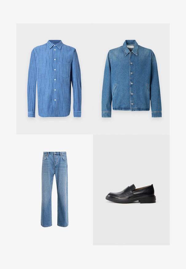 Lyseblå denimjakke med spids krave, knaplukning, sidelommer og lange ærmer med rene, kantede kanter.; Blå langærmet skjorte med knapper og lodrette sorte striber samt en brystlomme foran, vist på en hvid baggrund.; Lyseblå denim jeans med lige ben-design, fem lommer, knaplukning, minimal falming og kontraststingdetaljer.; Sorte læder slip-on dress sko med lav hæl og subtil Calvin Klein logo på siden, vist i profil på en hvid baggrund.