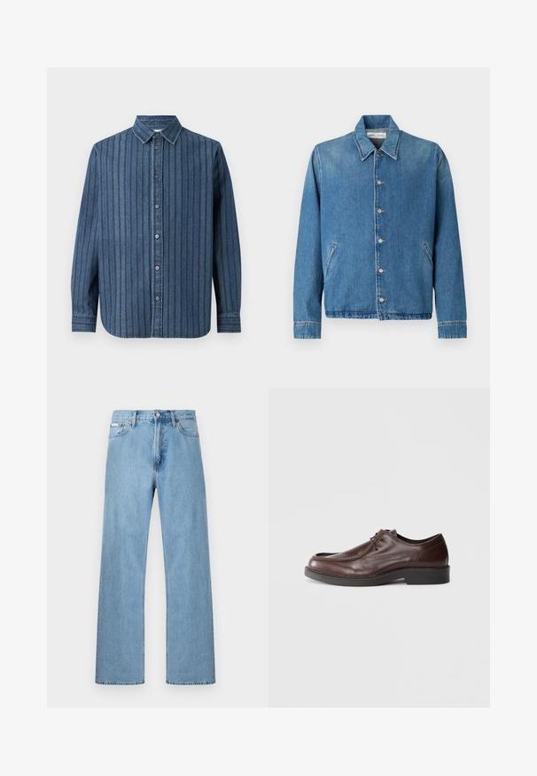 Jeansjacke in Hellblau mit spitzem Kragen, Knopfverschluss, Seitentaschen und langen Ärmeln mit sauberen, gesäumten Kanten.; Samsøe Samsøe SADAMON SHIRT - Hemd - denim; Hellblaue gerade geschnittene Jeans im Five-Pocket-Design mit Knopfverschluss an der Taille, präsentiert vor einem schlichten Hintergrund.; Braune Lederdressschuhe mit einer abgerundeten Spitze, minimalen Nähakzenten und einer robusten schwarzen Sohle. Verfügt über eine Schnürung und eine glatte Textur.
