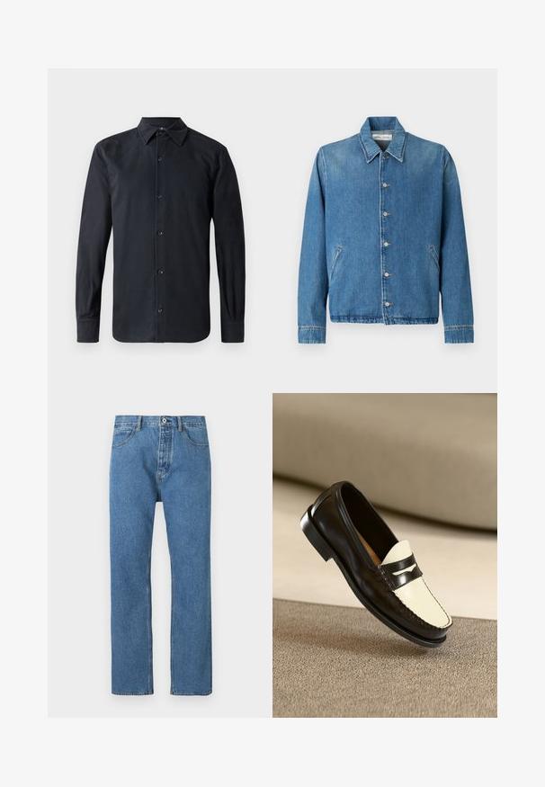 Lyseblå denimjakke med spids krave, knaplukning, sidelommer og lange ærmer med rene, kantede kanter.; Sort langærmet skjorte med standard krave, frontlukning med knapper, lavet af glat stof, med lige pasform og med knaplukning ved ærmerne.; Lyseblå denimjeans med lige snit, fem lommer, knaplukning og subtile syningsdetaljer langs sømmene.; Sort læderloafer med en cremefarvet vamp og sorte accentstriber, som har en lav hæl og detaljeret syning langs kanterne.
