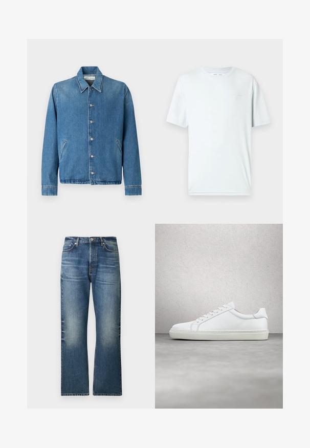 Spijkerjack in lichtblauw, met een puntige kraag, knoopsluitingen, zijzakken en lange mouwen met nette, omgezoomde randen.; Lichtblauw katoenen T-shirt met een ronde hals, korte mouwen en minimalistische geborduurde branding op de borst. Soepele textuur, eenvoudig ontwerp.; Lichtblauwe spijkerbroek met rechte pijpen, voorzien van vervaagde delen, vijf zakken en een klassieke knoopsluiting in de taille.; Witte sneaker met een gladlederen bovenwerk en een laag profiel. Voorzien van een ronde neus, zes vetergaatjes en een gestructureerde rubberen zool.