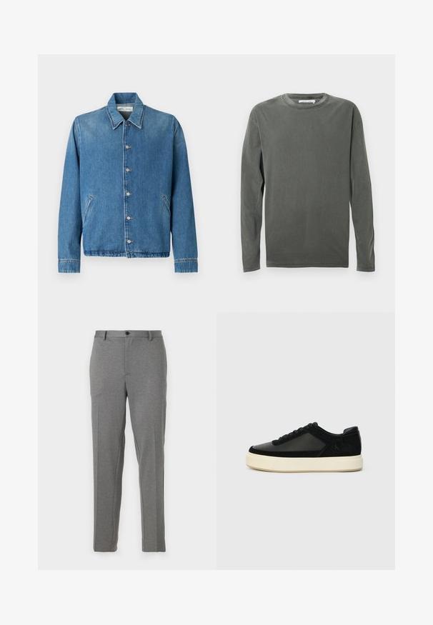 Jeansjacke in Hellblau mit spitzem Kragen, Knopfverschluss, Seitentaschen und langen Ärmeln mit sauberen, gesäumten Kanten.; Langärmliges, Rundhals-Shirt in verblasstem Dunkelgrau mit sichtbaren Steppnähten an Kragen, Ärmeln und Saum, flach auf weißem Hintergrund ausgelegt.; Graue, maßgeschneiderte Hose mit glatter Textur, leichtem Muster, Reißverschluss- und Knopfschluss, vorderen Taschen und schmal zulaufenden Beinen.; Schwarze Sneaker aus einer Kombination von Leder und Wildleder, runde Zehenform, tonale Schnürsenkel und eine klobige weiße Gummisohle. Subtiles Logo-Detail an der Seite.