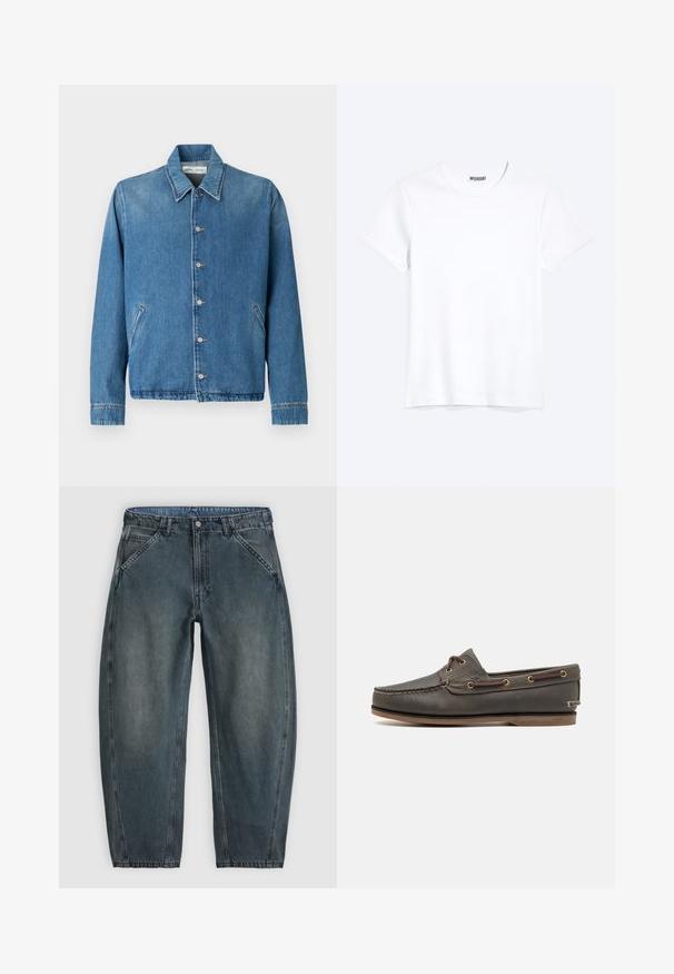 Lyseblå denimjakke med spids krave, knaplukning, sidelommer og lange ærmer med rene, kantede kanter.; Enkelt hvid T-shirt med korte ærmer og rund hals med synligt WEEKDAY-mærke i kraven, vist på en lys baggrund.; Højtaljede mørkegrå denimjeans med skrå frontlommer, knaplukning, bæltestropper og let tilspidsede ben.; Mørkebrune læder bådsko med lav profil, der har messingøjer og kontrasterende syninger, flad gummisål og struktureret overflade.