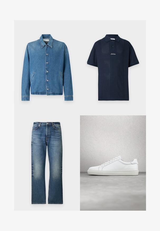 Spijkerjack in lichtblauw, met een puntige kraag, knoopsluitingen, zijzakken en lange mouwen met nette, omgezoomde randen.; Navyblauw poloshirt gemaakt van gestructureerde stof. Heeft korte mouwen, een klassieke kraag en een voorpand met twee knopen. "Samsøe" logo zichtbaar.; Lichtblauwe spijkerbroek met rechte pijpen, voorzien van vervaagde delen, vijf zakken en een klassieke knoopsluiting in de taille.; Witte sneaker met een gladlederen bovenwerk en een laag profiel. Voorzien van een ronde neus, zes vetergaatjes en een gestructureerde rubberen zool.