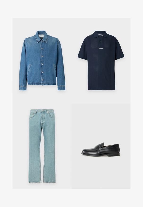 Jeansjacke in Hellblau mit spitzem Kragen, Knopfverschluss, Seitentaschen und langen Ärmeln mit sauberen, gesäumten Kanten.; Marineblaues Poloshirt aus strukturiertem Stoff. Verfügt über kurze Ärmel, einen klassischen Kragen und eine vordere Knopfleiste mit zwei Knöpfen. "Samsøe"-Logo sichtbar.; Hellblaue Jeans aus Denim mit geradem Schnitt, ausgestattet mit fünf Taschen und einem Knopfverschluss. Sichtbare Nähte und fransiger Saum.; Schwarze Leder-Loeffler mit abgerundetem Zehenbereich, gesteppten Details und einer flachen Gummisohle. Verfügt über ein breites Band über dem Fußrücken.