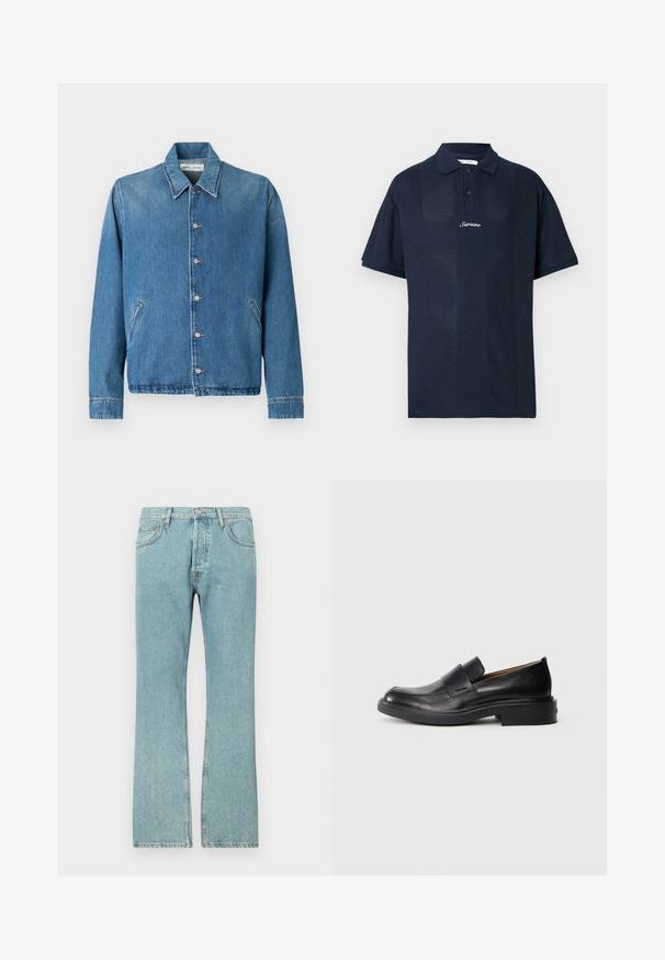 Spijkerjack in lichtblauw, met een puntige kraag, knoopsluitingen, zijzakken en lange mouwen met nette, omgezoomde randen.; Navyblauw poloshirt gemaakt van gestructureerde stof. Heeft korte mouwen, een klassieke kraag en een voorpand met twee knopen. "Samsøe" logo zichtbaar.; Lichtblauwe denim jeans met een recht model, voorzien van vijf zakken en een knoopsluiting. Zichtbare stiksels en rafelige zoomdetails.; Zwarte leren instap schoenen met een lage hak en subtiel Calvin Klein-logo aan de zijkant, weergegeven in profiel op een witte achtergrond.