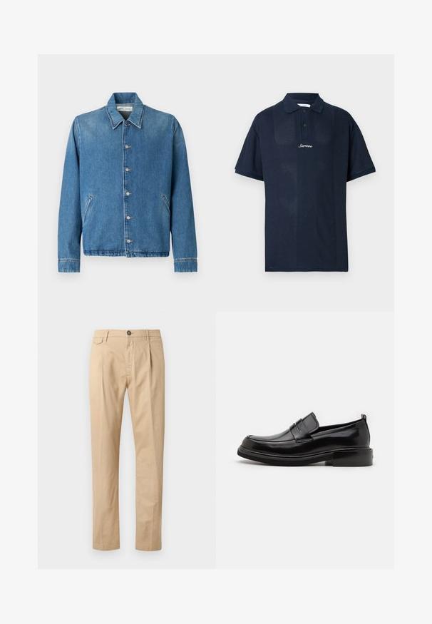 Veste en jean bleu clair, avec un col pointu, des fermetures à boutons, des poches latérales et des manches longues aux bords soigneusement ourlés.; Polo bleu marine en tissu texturé. Comprend des manches courtes, un col classique et une patte de devant avec deux boutons. Logo "Samsøe" affiché.; Pantalons en coton beige à jambe droite pour homme, avec poches avant, passants de ceinture, fermeture à bouton et zip, sur fond blanc.; Calvin Klein MOCCASIN - Mocassins de ville - black