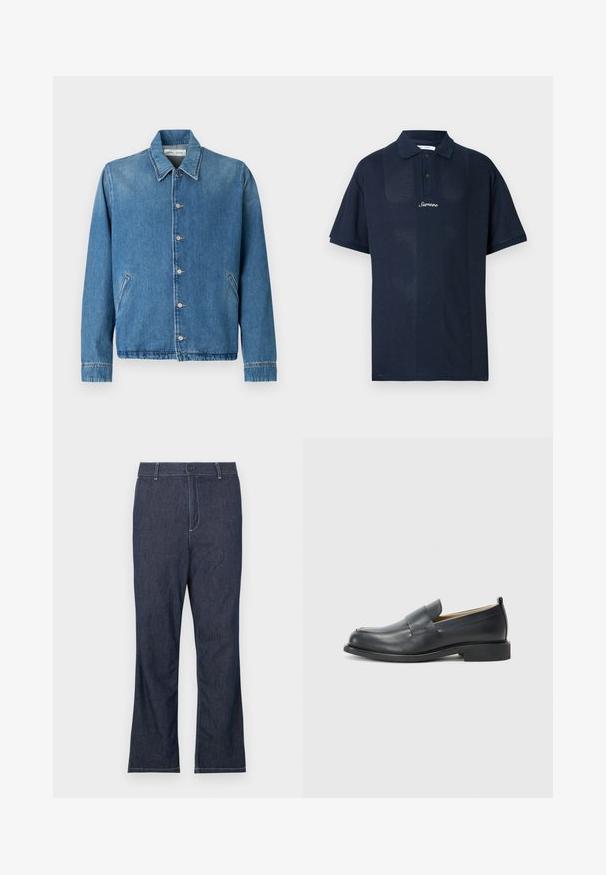 Veste en jean bleu clair, avec un col pointu, des fermetures à boutons, des poches latérales et des manches longues aux bords soigneusement ourlés.; Polo bleu marine en tissu texturé. Comprend des manches courtes, un col classique et une patte de devant avec deux boutons. Logo "Samsøe" affiché.; Jean en denim bleu foncé avec une coupe droite, doté d'une fermeture par bouton et de surpiqûres blanches contrastantes sur les poches et les coutures.; Mocassins en cuir noir avec une finition lisse, une semelle plate et un bout arrondi, ornés d'une sangle décorative sur le dessus.
