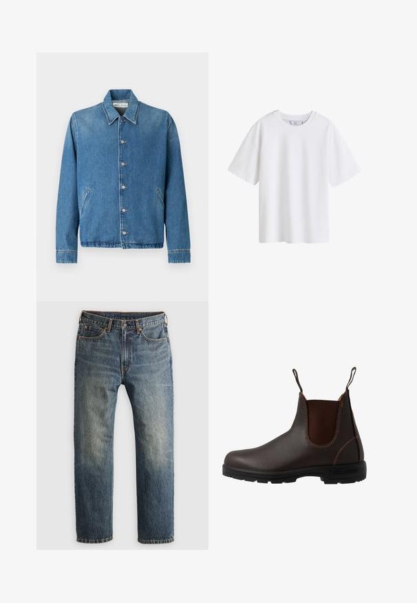 Lyseblå denimjakke med spids krave, knaplukning, sidelommer og lange ærmer med rene, kantede kanter.; Simpel hvid kortærmet bomuld t-shirt med rund hals, vist forfra på hvid baggrund.; Blå, falmede lige ben denim jeans med forlommer, bæltestropper, knap og lynlås lukning på en lys baggrund.; Brun læder Chelsea-støvle med elastisk sidepanel, brun syning, trækstropper og en holdbar gummisål med et tekstureret mønster.